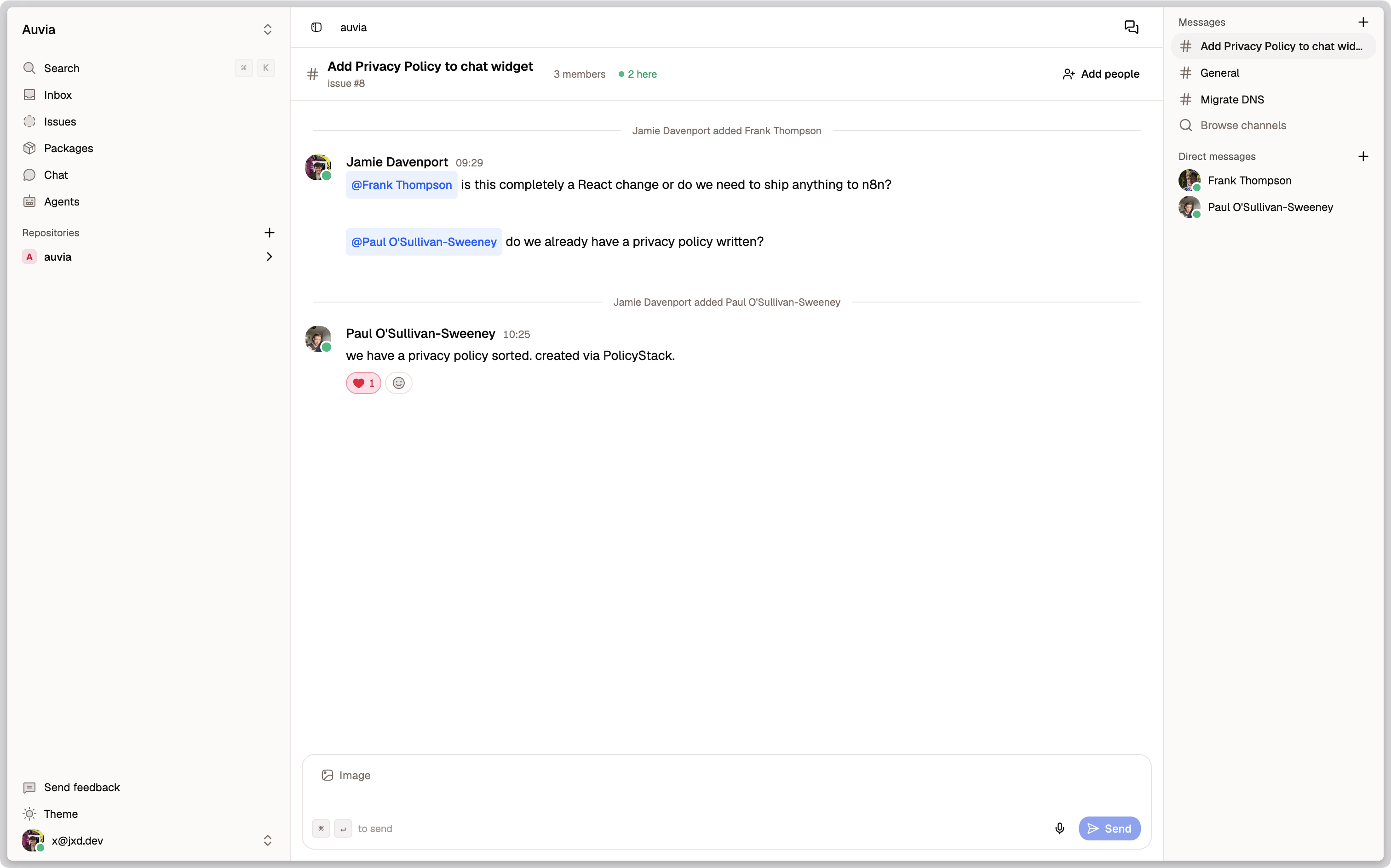 An issue's discussion channel: the message timeline with @-mentions, a reaction on a message, and members shown as present, with the channel list and DMs alongside.