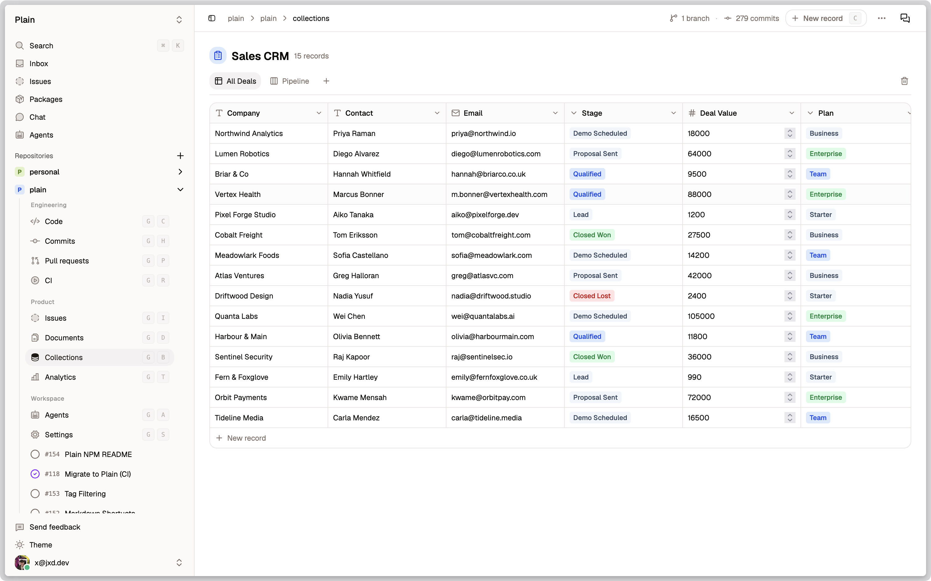 A "Sales CRM" collection in the Table view, with records laid out across typed columns: Company, Contact, Email, Stage, Deal Value, and Plan.
